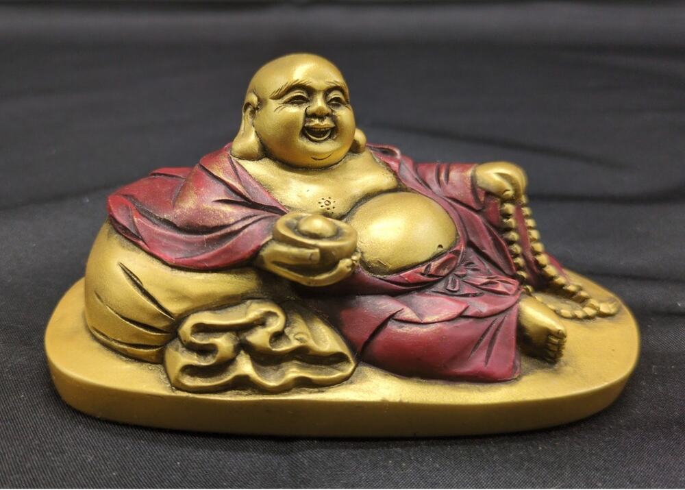 Happy Buddha Hotei Reclining Statue Gold Tone Mini Figurine 1.75in Feng Shui